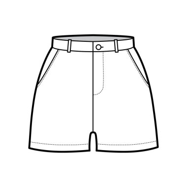 Kısa pantolon, orta kalça uzunluğunda, normal bel ölçülerinde, yüksek katlı, yırtık cepli. Düz taban 