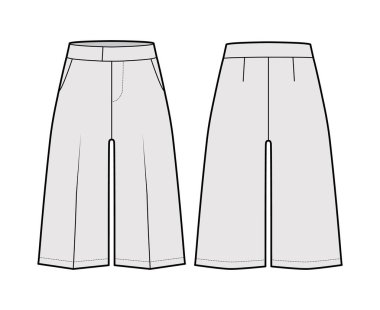 Kısa Bermuda pantolon, diz boyu, normal bel ölçüsü, yüksek katlı, kesik cebi olan teknik tasvirler.. 