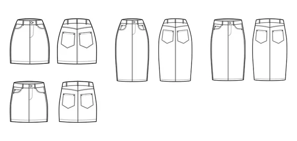 Set van Denim rokken technische mode illustratie met mini, knie lengte, lage hoge taille stijging, 5 zakken, passend lichaam. — Stockvector