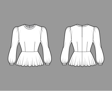 Peplum bluzu, kabarık uzun kollu, yaka kepçeli, vücuduna uygun, teknik moda illüstrasyonu. Düz gömlek.