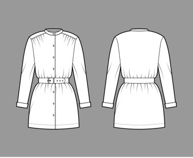 Uzun kollu kemerli, teknik tasmalı tasmalı, yakalı, büyük beden, düğmeli, geniş kenarlı. Düz