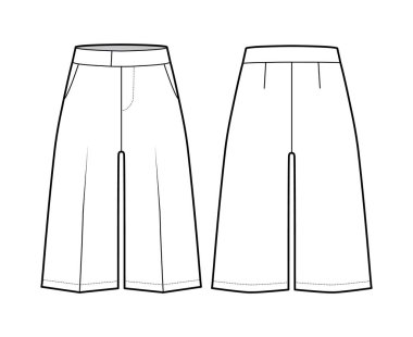 Kısa Bermuda pantolon, diz boyu, normal bel ölçüsü, yüksek katlı, kesik cebi olan teknik tasvirler.. 