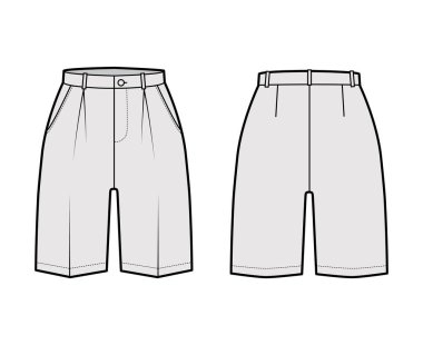 Kısa Bermuda pantolon, dizlerinin üstünde, tek pileli, normal bel, yüksek katlı, teknik moda çizimi.