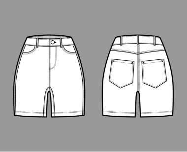 Denim kısa pantolon, orta kalça uzunluğunda, normal bel ölçüsü, yüksek katlı, kıvrımlı 5 cebi var..