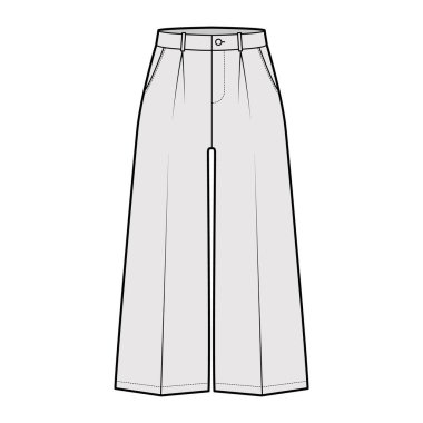 Pantolon capri teknik tasviri düşük bel, yükselme, tek pileli, orta baldır uzunluğu, geniş bacaklar, dikiş cepleri