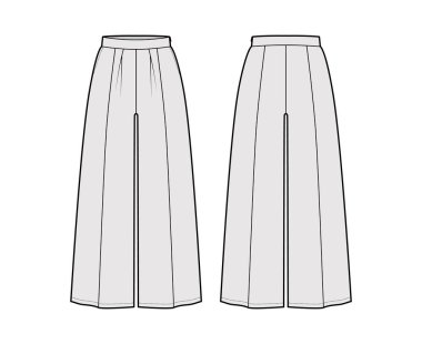 Pantolon gaucho teknik tasviri, düşük bel, yükselme, tek pileli, ayak bileği kesilmiş uzunluk, dikiş cepleri. 