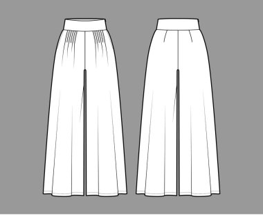 Pantolon Gaucho teknik tasviri, düşük bel, kalkık, pileli, ayak bileği kesilmiş, dikiş cepleri var. Düz 