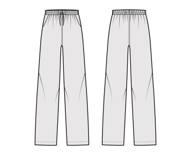 Pijama pantolonu teknik tasviri, elastik bel altı, yükselme, tam boy, dirsekler, cepler. Düz örgü.