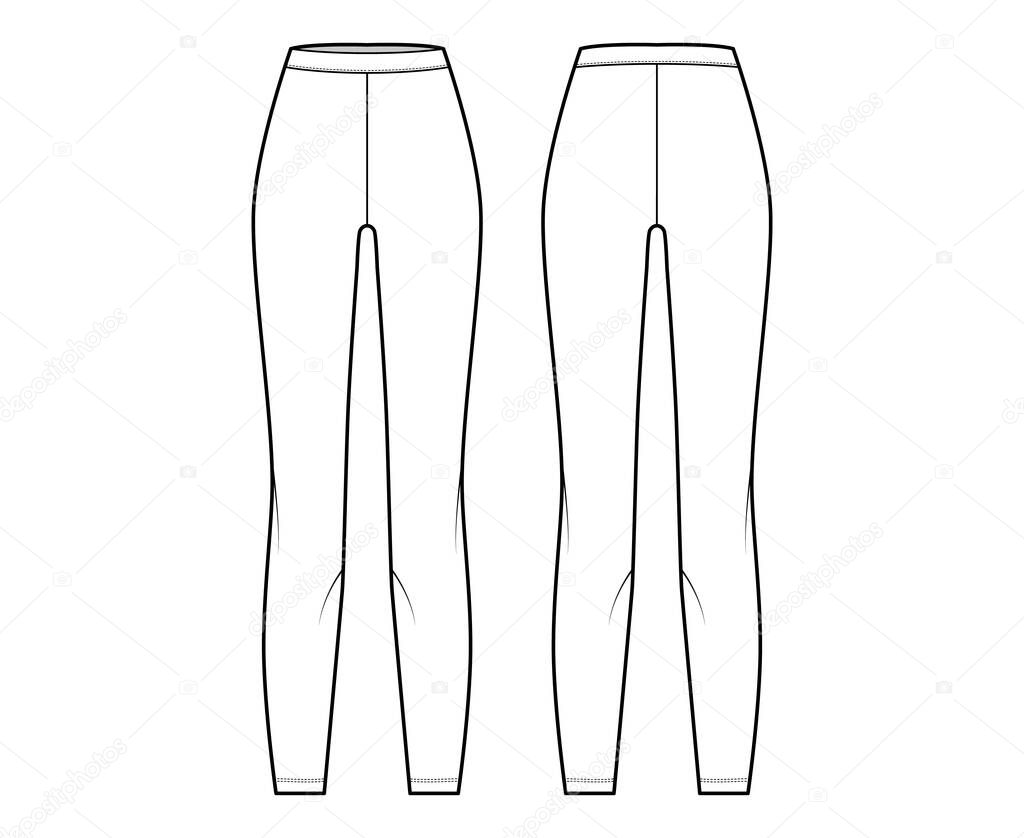 Leggings knit pants technical fashion illustration with normal waist, high rise, full length. Flat sport training casual