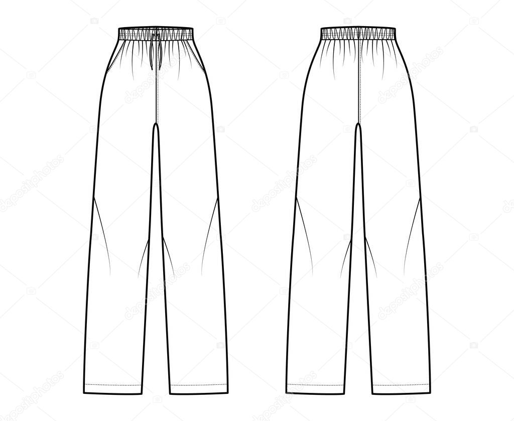 Pajama pants technical fashion illustration with elastic normal waist, high rise, full length, drawstrings, pockets Flat