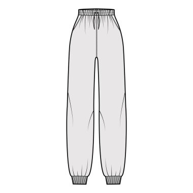 Eşofman altı, elastik kelepçeli, normal bel, yüksek katlı, askılı telli, moda tasviri. Düz örgü eğitimi 