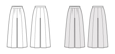 Pantolon gaucho teknik tasviri, düşük bel, yükselme, tek pileli, ayak bileği kesilmiş uzunluk, dikiş cepleri. 