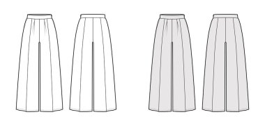 Pants gaucho technical fashion illustration with low waist, rise, single pleat, ankle cropped length, seam pockets.  clipart
