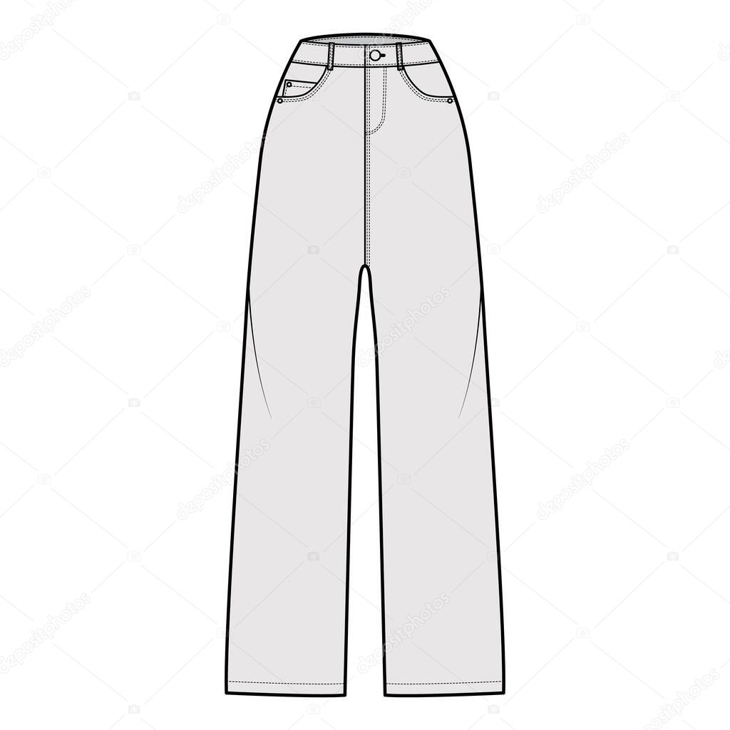 Baggy Jeans Denim pants technical fashion illustration with full length, normal waist, 5 pockets, Rivets, belt loops