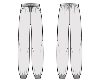 Eşofman altı, elastik kelepçeli, bel altı, yükseliş, tam boy, askılı ipli teknik tasvirler. Düz eğitim