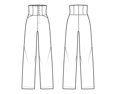 Pantolon, yüksek bel, tam boy, cepleri, alt kapağı, yuvarlak cepleri olan teknik tasvirler. Düz pantolon.