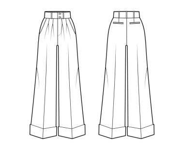 Pants oxford, normal bel, yükseliş, tam boy, çift pileli, cepli, teknik moda illüstrasyonu.. 