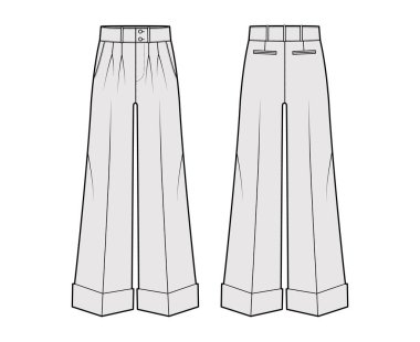 Pants oxford, düşük bel, tam boy, çift katlı, eğimli jet cepli, teknik moda illüstrasyonuyla donatılmış.