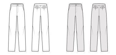 Pantolon düz siluet teknik tasviri düz önü, düşük bel, yükseliş, tam boy, eğimli cepler