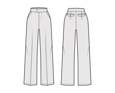 Pantolon, genişletilmiş normal bel, yüksek bina, tam boy, eğimli cepleri olan teknik moda illüstrasyonu.