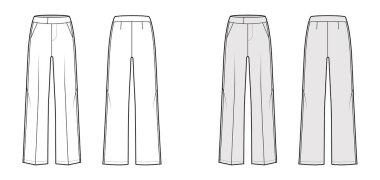 Pantolon smokin teknik tasviri. Geniş bel, yükselme, tam boy, yana eğimli cepler, yan saten çizgili.