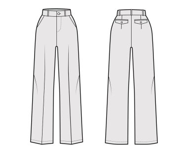 Pants tailored technical fashion illustration with normal waist, high rise, full length, slant, flap pockets Flat bottom clipart