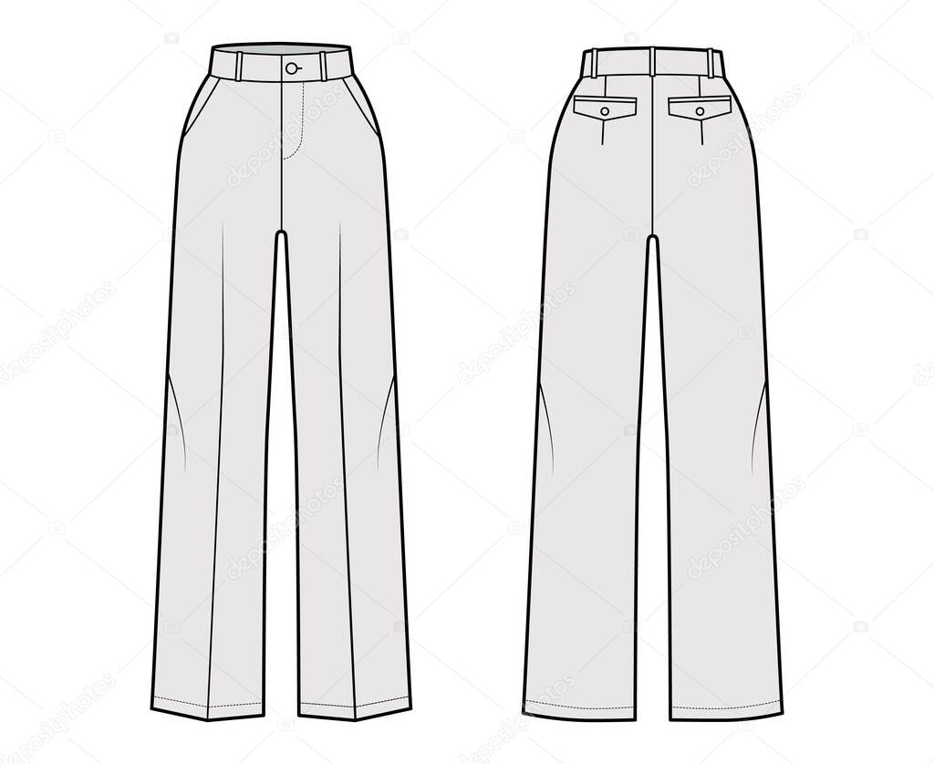 Pants tailored technical fashion illustration with normal waist, high rise, full length, slant, flap pockets Flat bottom