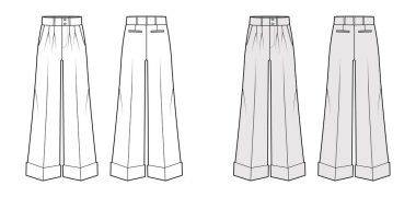 Pants oxford, düşük bel, tam boy, çift katlı, eğimli jet cepli, teknik moda illüstrasyonuyla donatılmış.