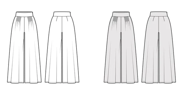 Pantaloni gaucho illustrazione tecnica di moda con vita bassa, aumento, plissettato, caviglia lunghezza ritagliata, tasche di cucitura. Piatto — Vettoriale Stock