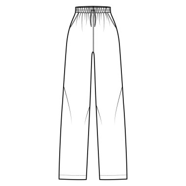 Pijama pantolonu teknik tasviri, elastik normal bel, yüksek bel, tam boy, dirsekler, düz cepler