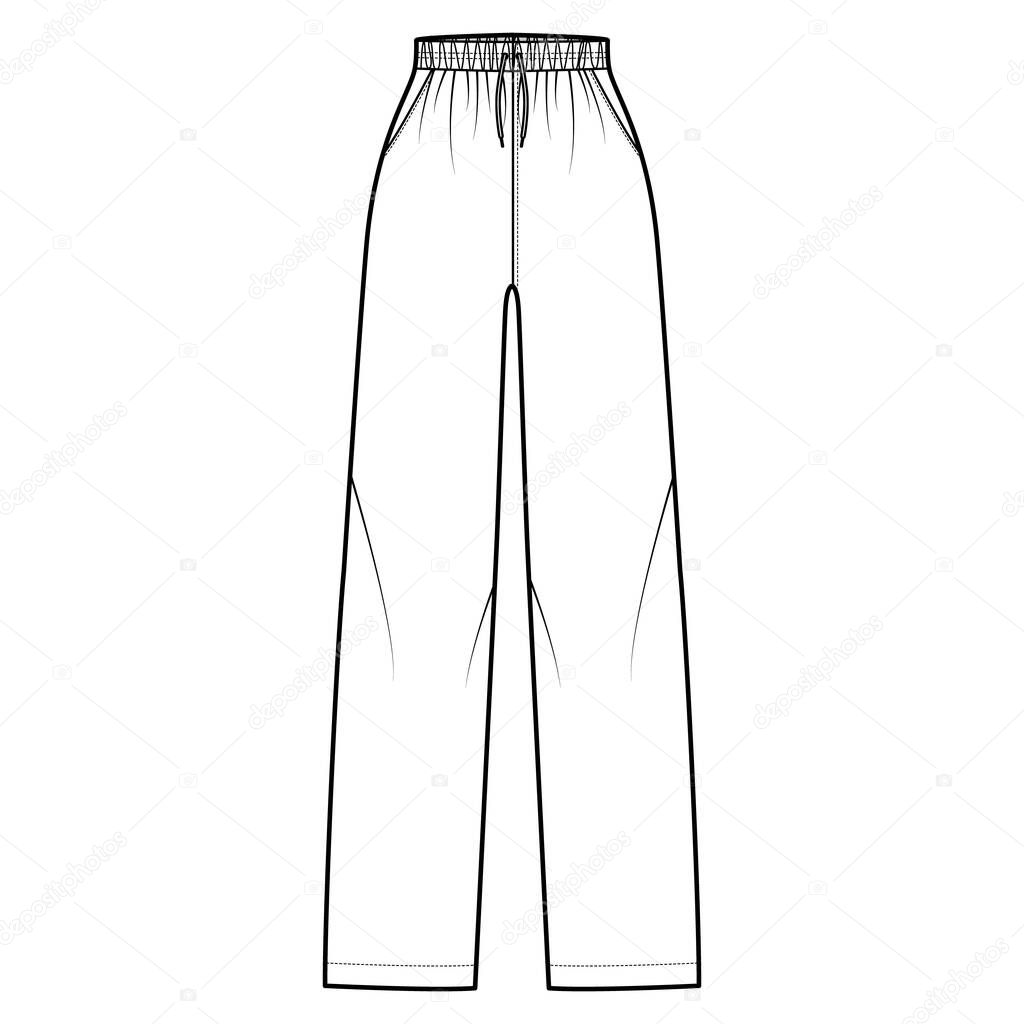 Pajama pants technical fashion illustration with elastic normal waist, high rise, full length, drawstrings, pockets Flat