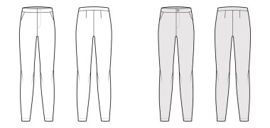 Pantolon düz ön tekniksel tasviri, düşük bel, yükselme, tam boy, eğimli kesme cepler. Düz taban