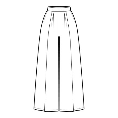 Pantolon gaucho teknik tasviri düşük bel, yüksek katlı, tek katlı, kırpılmış uzunluk, dikişli cepler