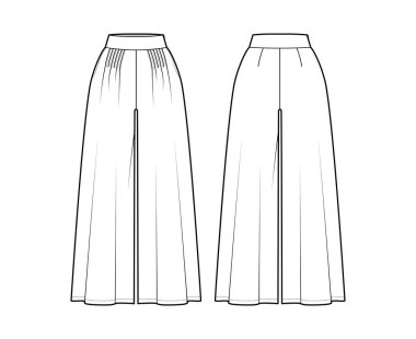 Pantalon gaucho teknik tasviri normal bel, yüksek katlı, pileli, bilek kesme uzunluğu, dikiş cepleri.