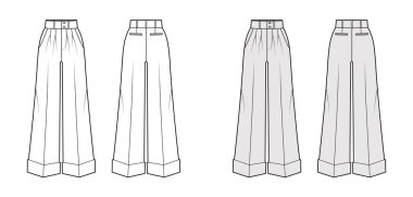 Pants oxford, normal bel, yükseliş, tam boy, çift pileli, cepli, teknik moda illüstrasyonu.. 