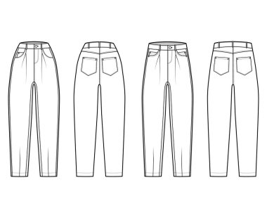 Kot pantolon sineği denim pantolonunu inceltti. Teknik moda illüstrasyonları, normal, düşük bel, yüksek bel.