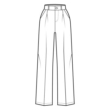 Pantolon, genişletilmiş normal bel, yükselme, tam boy, eğimli, flep cepli teknik moda illüstrasyonu.