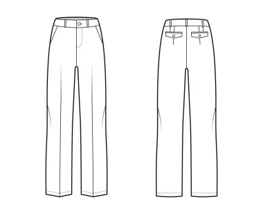 Pantolon, düşük bel, yükseliş, tam boy, eğimli kesik cepler, kemer düğümlü teknik moda illüsü. Düz