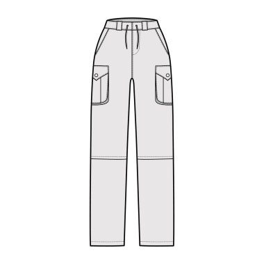 Fermuarlı, üstü açık pantolonlar normal bel, yüksek katlı, kargo jetli cepleri olan teknik moda çizimleri.