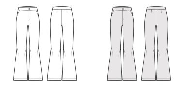 Pantolon tabanlı teknik tasvirler normal bel, yüksek katlı, eğimli cepler, geniş bacaklar, tam boy.