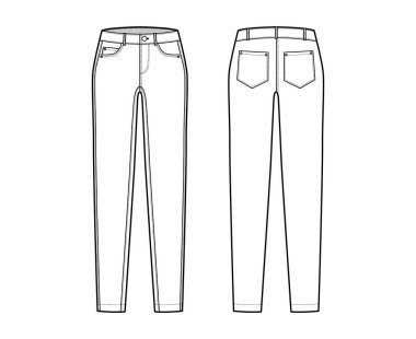 Kot pantolonları inceltilmiş teknik tasvirler, tam boy, düşük bel, yükselme, 5 cep, perçin, kemer döngüsü