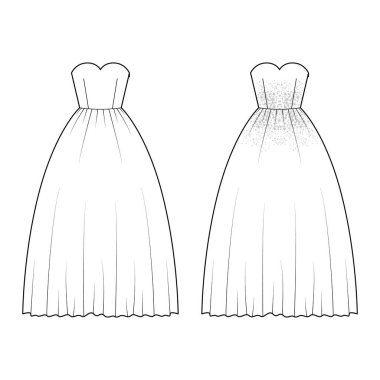 Crinoline takım elbise teknik moda resimleme straplez tatlı boyun, uzun uzunluk, süsleme motif