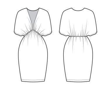 Kaftan elbise, V yakalı, yarasa kollu, büyük beden, diz boyu, kalem kesiği. Düz