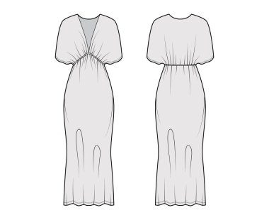 Kaftan elbise, V yakalı, yarasa kanadı kollu, büyük beden, midi zemin uzunluğu, kalem kesiği.