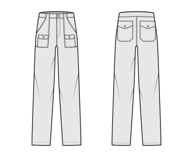 Bush pantolonu, Denim pantolonu, düşük bel, yükselme, yama, kargo cepleri, tam boy. 