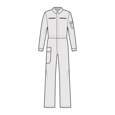 Boilersuit kaplama Dungaree tulumu teknik tasviri tam boy, normal bel, cep, uzun kollu