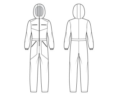 Kayak tulumu. Teknik moda illüstrasyonu. Uzunluğu, kaputu, fermuarı, yüksek binaları, cepleri var.