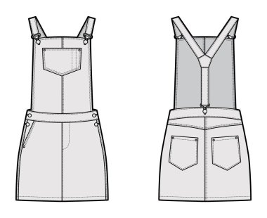 Dungaree elbisesi Denim tulumu, mini boy, normal bel, yüksek atlama, cepleri olan teknik tasvirler.