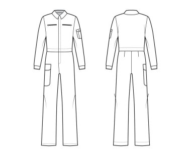 Boilersuit kaplama Dungaree tulumu teknik tasviri tam boy, normal bel, cep, uzun kollu