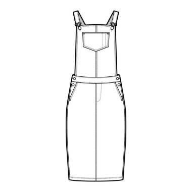 Dungaree elbisesi Denim tulumu teknik tasviri diz boyu, normal bel, yüksek bel, cepler